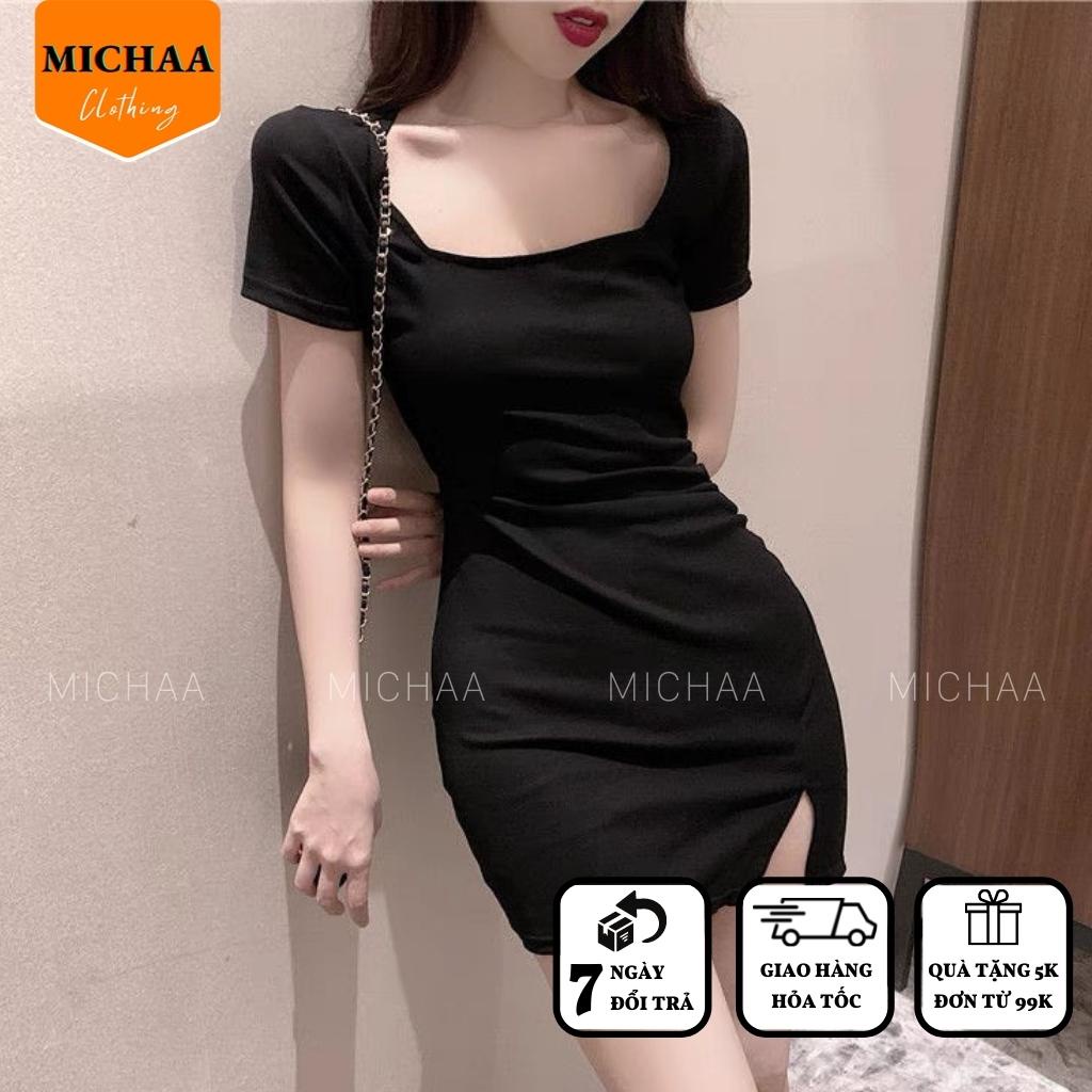 Đầm Váy Body CỔ VUÔNG XẺ ĐÙI Trước Tay Ngắn Thun Borip Kiểu Ôm Sexy Gợi Cảm - MICHAA