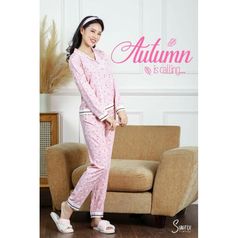 Bộ Pijama lụa SUNFLY chính hãng áo dài tay, quần dài ST8514