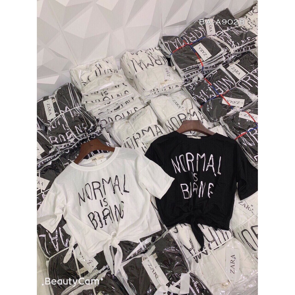 Áo Thun Lụa Form Croptop In Chữ NOMAL IS BORING Kèm Kiểu Thắc Eo Phong Cách TTS0637
