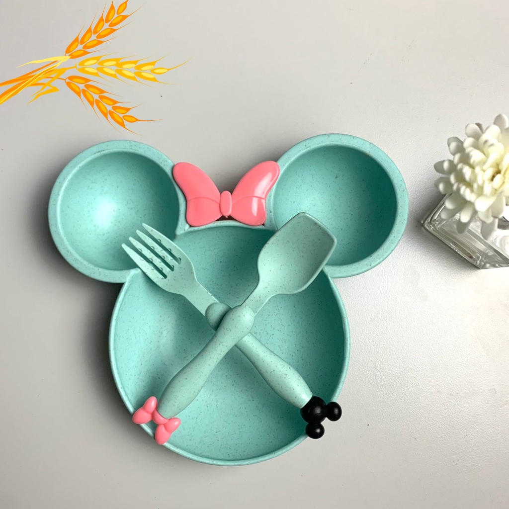 Khay ăn dặm cho bé kèm thìa dĩa chất liệu lúa mạch hình Micky dễ thương, Khay ăn dặm nhựa lúa mạch cho bé có chia 3 ngăn