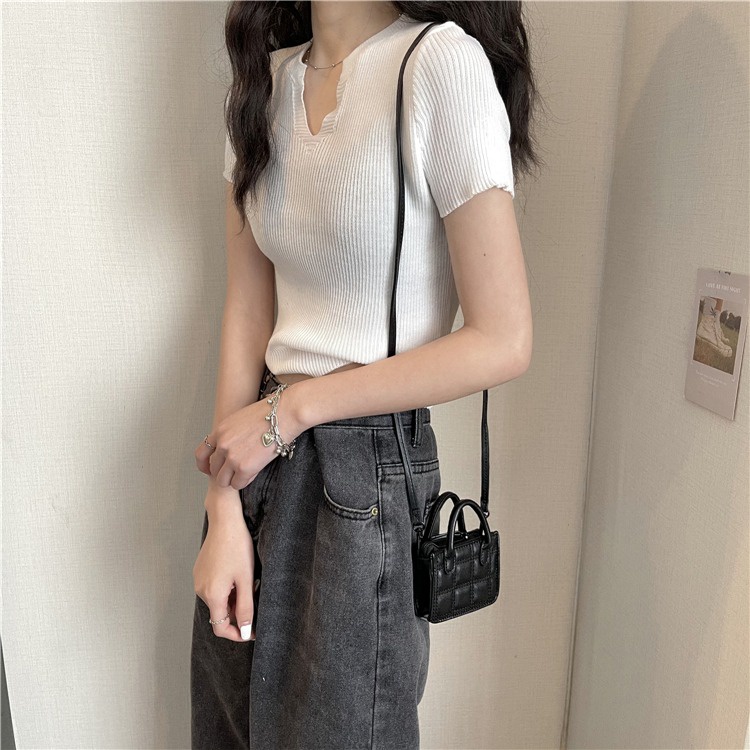 Áo dệt kim ZHELIHANGFEI ngắn tay cổ chữ V ôm dáng xinh xắn thời trang