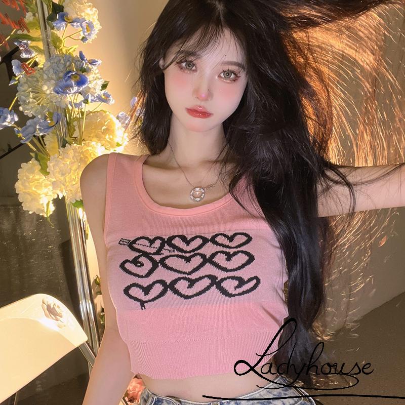 Áo Croptop Dệt Kim Không Tay Cổ Tròn In Họa Tiết Trái Tim Thời Trang Xuân Hè Cho Nữ
