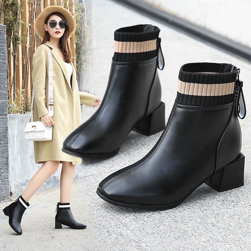 Bốt nữ, bốt cao cổ gót vuông, chất da kết hợp cổ len ôm chân lên dáng cực đẹp