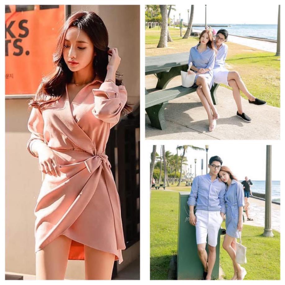 Set váy áo sơ mi đôi - Đồ đôi váy nữ tay lửng sơ mi nam cổ trụ đi biển AV190 YAME Couple LCA