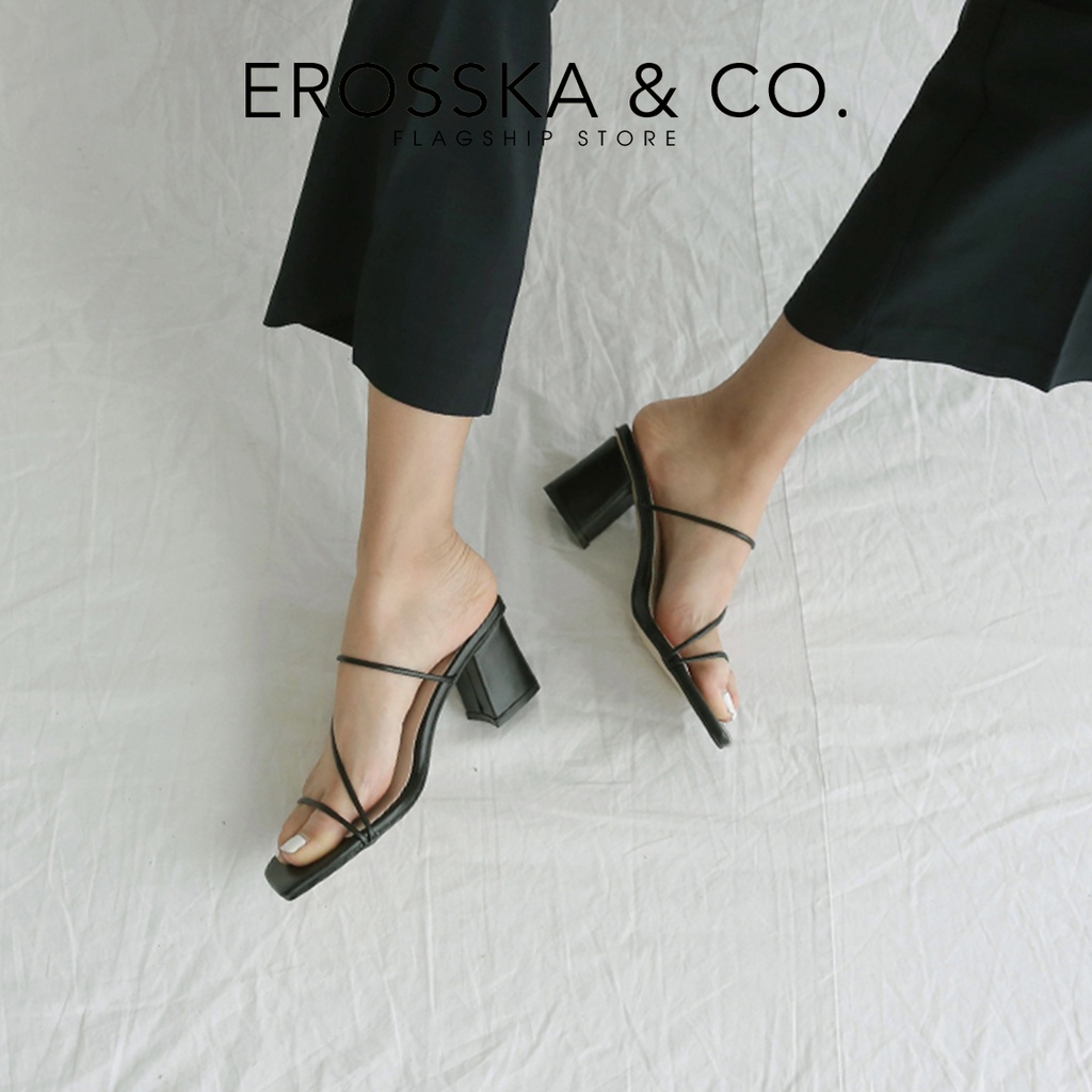 [Mã WABRTL3 -10% đơn 250K]Dép cao gót Erosska thời trang mũi vuông phối dây quai mảnh cao 7cm màu đen _ EM074