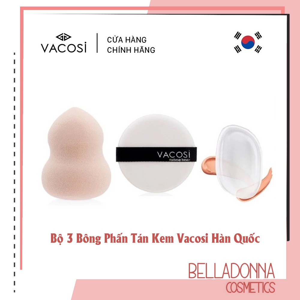 Bộ 3 SP đánh kem hoàn hảo Vacosi: 1 Mút tán hồ lô + 1 Mút Silicon ngẫu nhiên + 1 Bông phấn Cushion Vacosi BP22