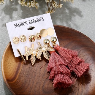 Set 6 cặp bông tai khuyên tai tua rua hồng