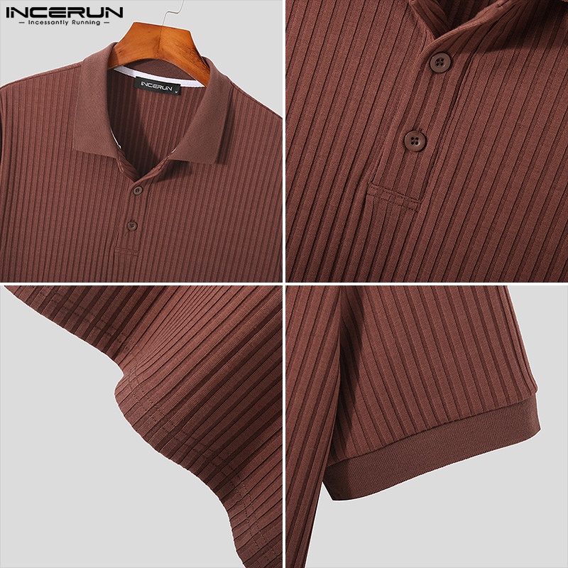 Áo thun polo INCERUN vải dệt kim ngắn tay họa tiết kẻ sọc thời trang mùa hè cho nam