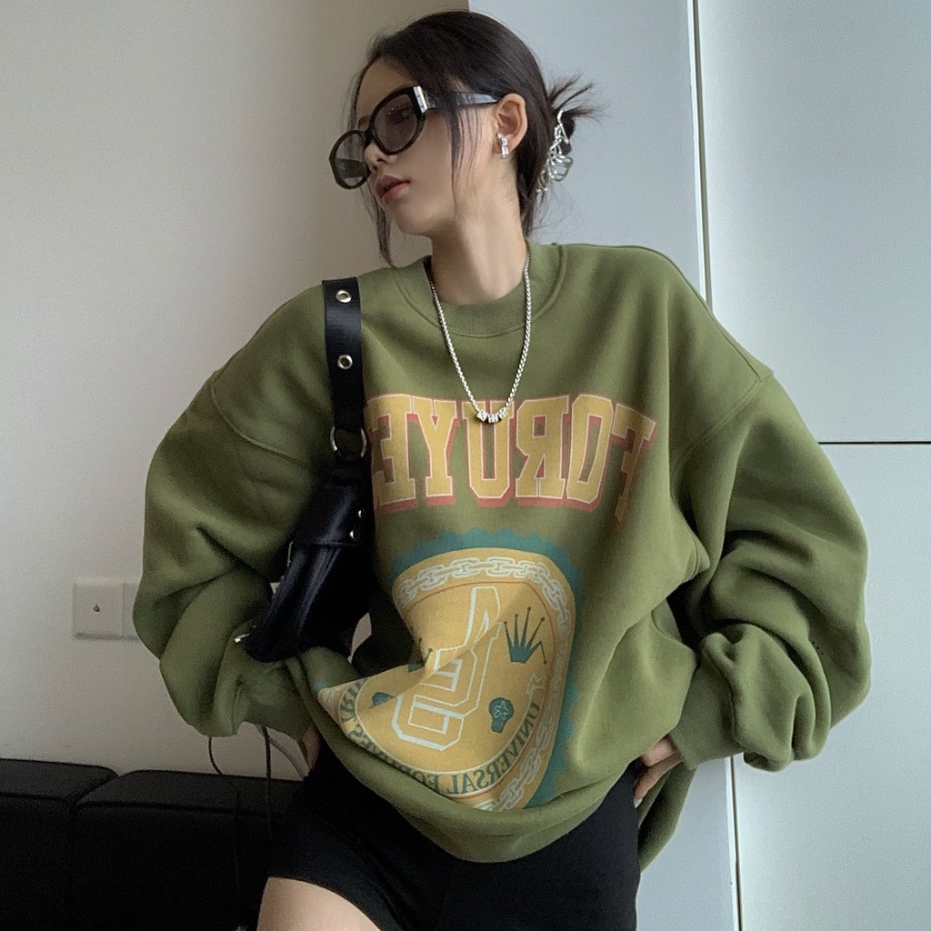 Áo sweater Lót Nhung Họa Tiết Trái Bơ Màu Xanh Lá Phong Cách Hàn Quốc Thời Trang Cho Nữ