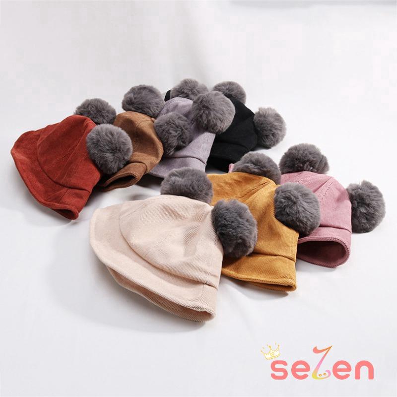 Nón vành tròn vải nhung sọc kẻ màu trơn đính quả bông xinh xắn cho bé