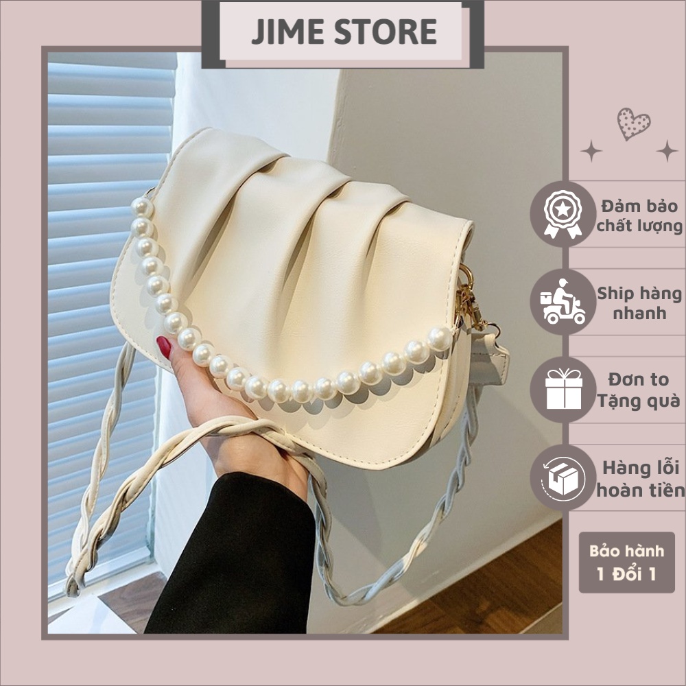 Túi xách nữ đeo vai Jime Store cho nữ bánh bèo thiết kế nếp gấp và quai gắn ngọc T21