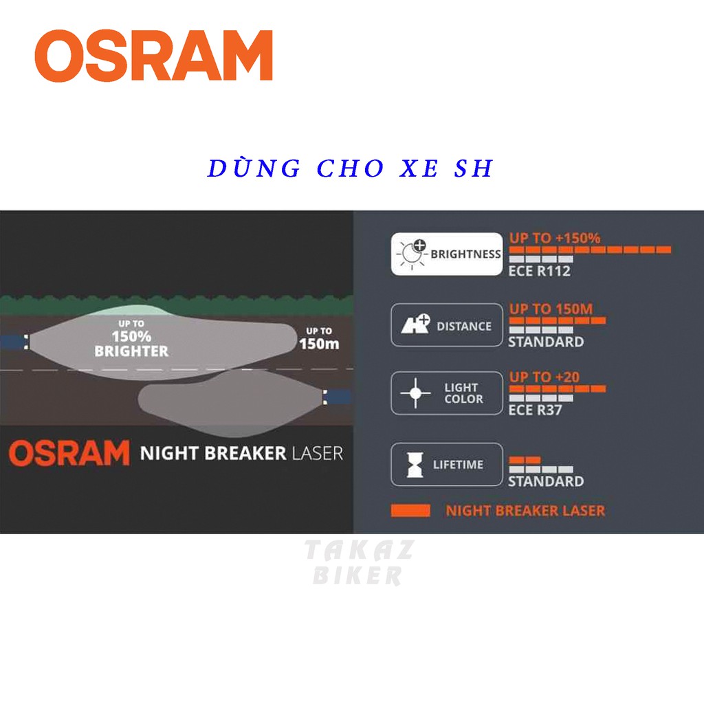 OSRAM H4 9003 HB2 64193NL Halogen Night Breaker Laser Next Generation 12V 60/55W P43t +150% Đèn Pha Xe Sáng