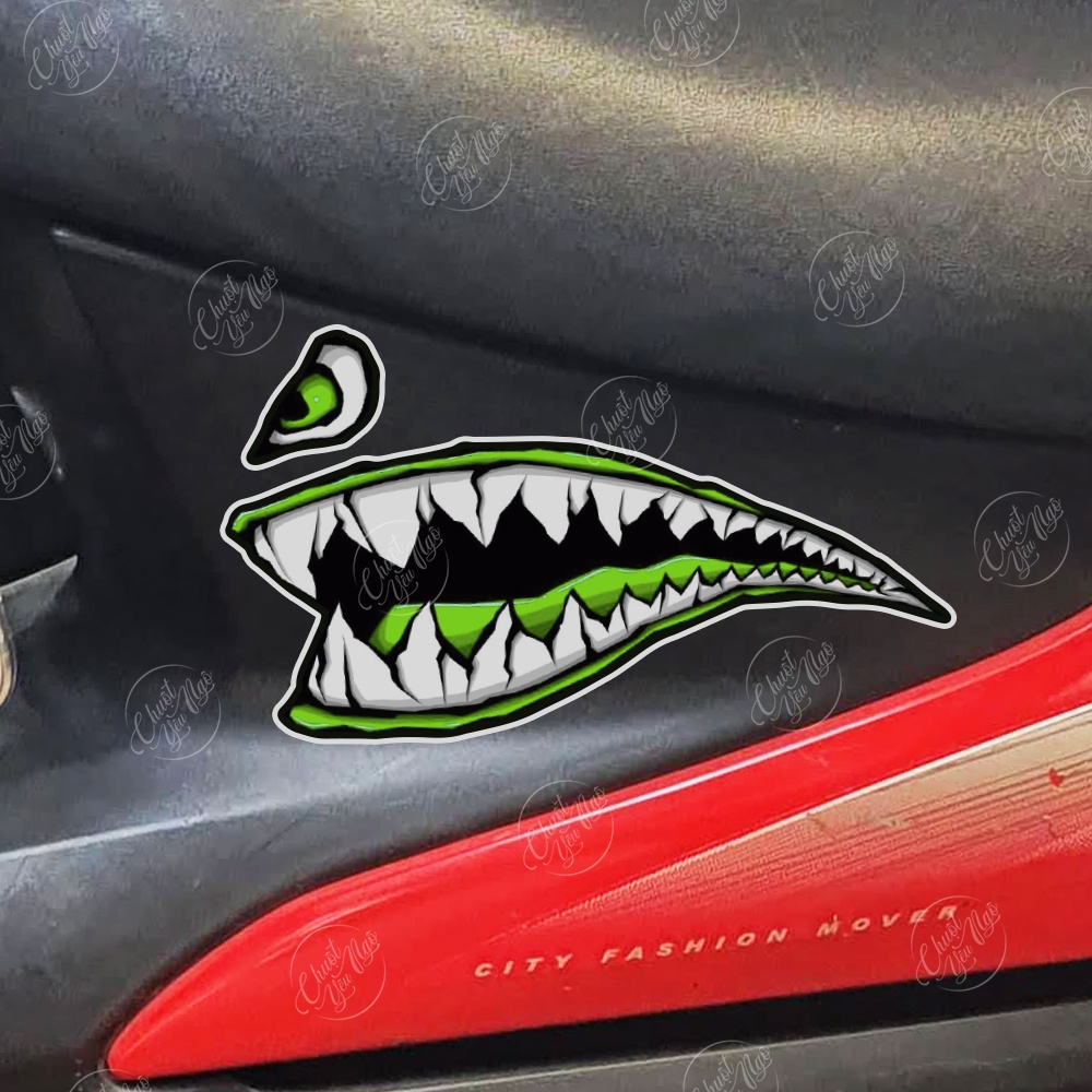 Bộ tem cá mập màu XANH LÁ hình dán decal nhám chống nước trang trí xe máy laptop nón bảo hiểm