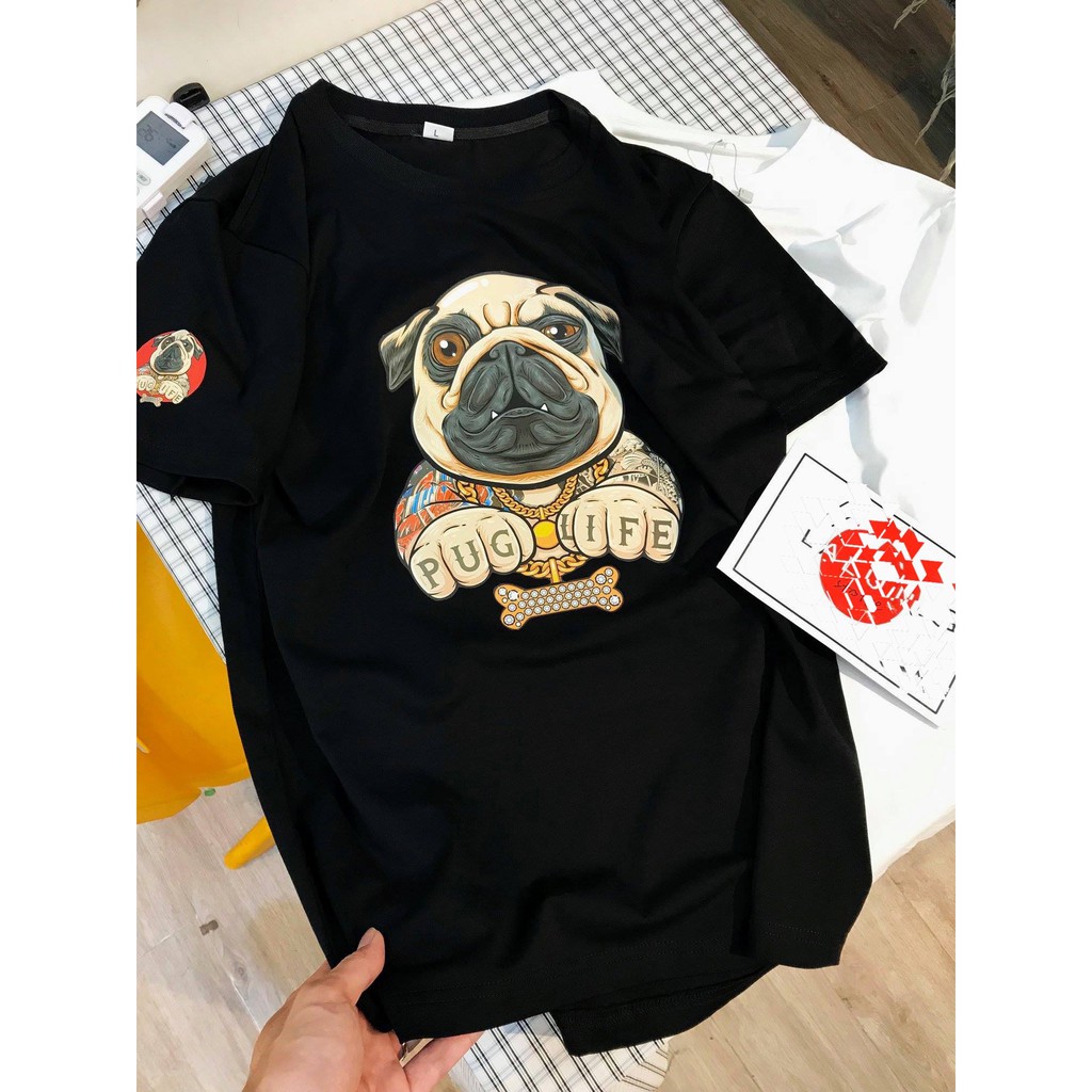 Áo thun couple unisex màu đen cá tính- Áo thun đen chó pug life