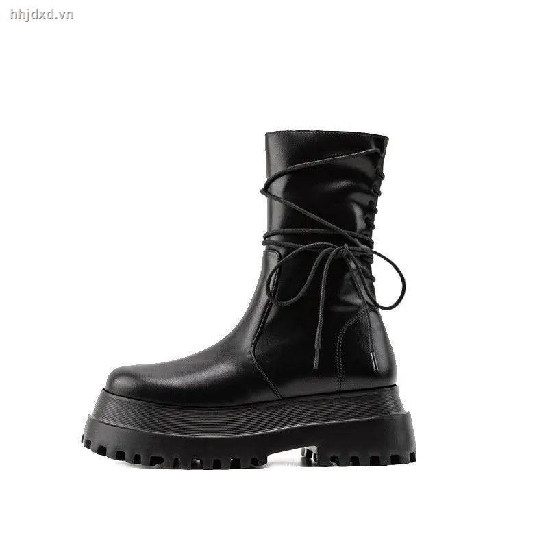 Giày Bốt Da Đế Dày Phối Dây Cột Cá Tính Thời Trang Hàng Mới Cho Nữ
