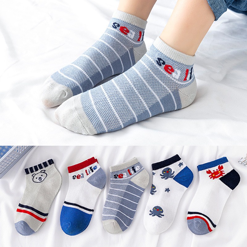 Tất vớ trẻ em cổ thấp set 5 đôi 4-10 tuổi, mềm mịn không xù, ko trơn trượt