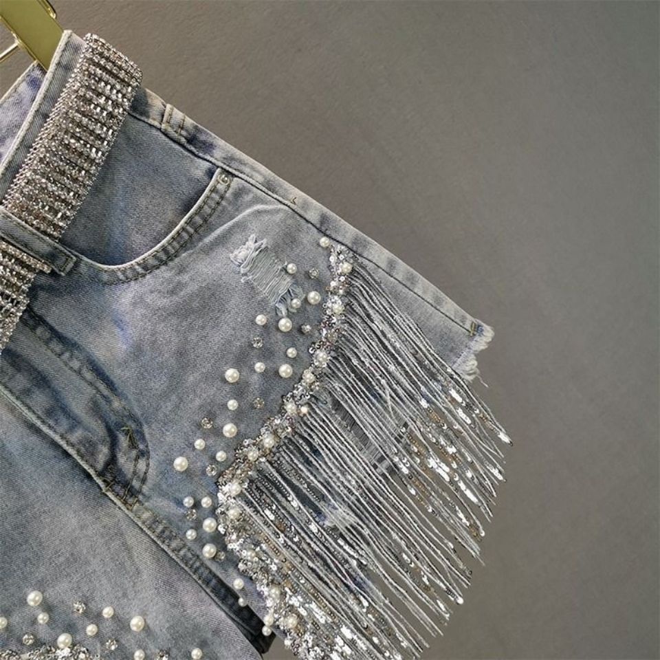 Quần Short Denim Cạp Cao Ống Rộng Đính Hạt Cườm Tua Rua Phong Cách Mùa Hè Cho Nữ
