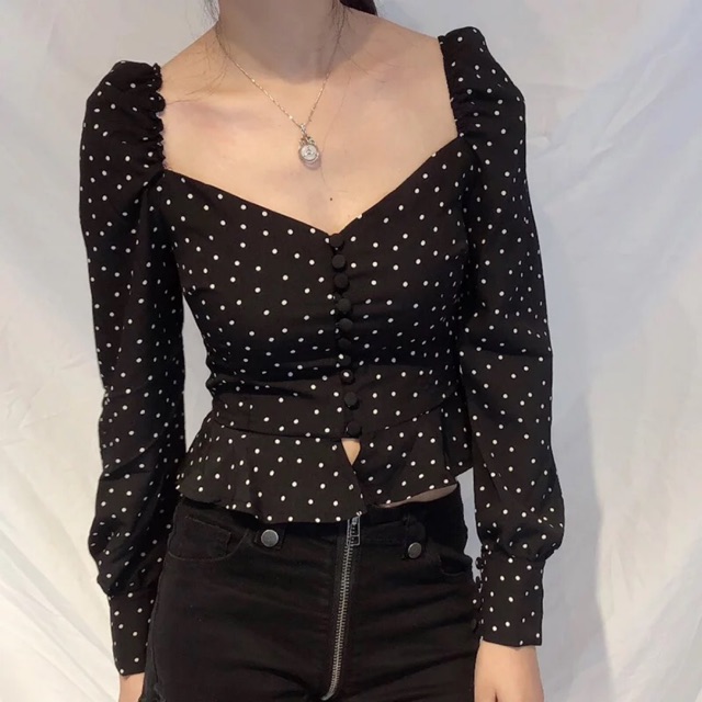ÁO PEPLUM CỔ V TAY BỒNG CHẤM BI RETRO