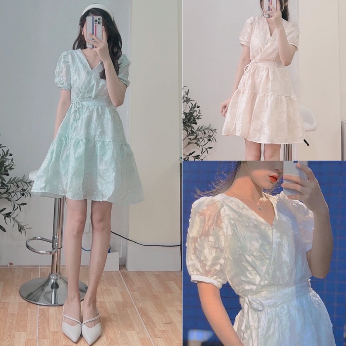Đầm Váy Cổ Chữ V Tay Bồng Vải Hoa Nổi Thắt Eo 2 Lớp Dày Dặn Kozoda D38 | BigBuy360 - bigbuy360.vn