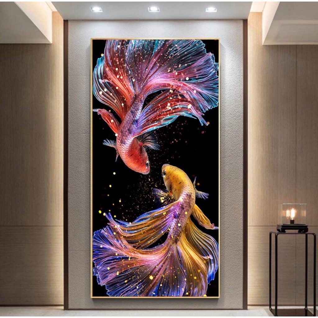 Tranh Đôi Cá Phú Quý: tranh đính đá LV598- Tranh thêu E59, LV3556 (50x90cm ) - Tranh chưa làm, chưa khung