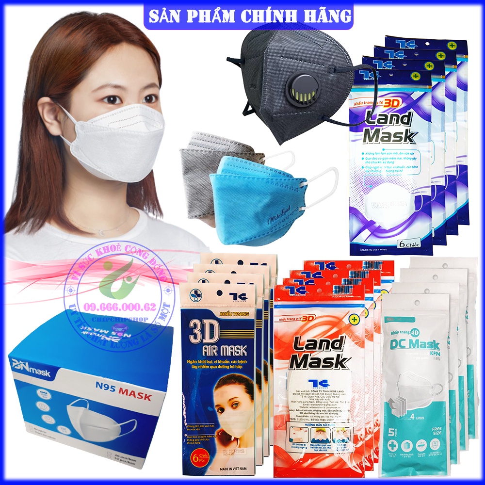 Khẩu trang y tế 4D mask cao cấp kháng khuẩn chống bụi mịn 3D 5D KF94 N95 KN95 3M Land có không van 4