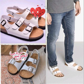 Giày sandal nam nữ 2 khóa quai pu trắng - đen đế trấu unisex
