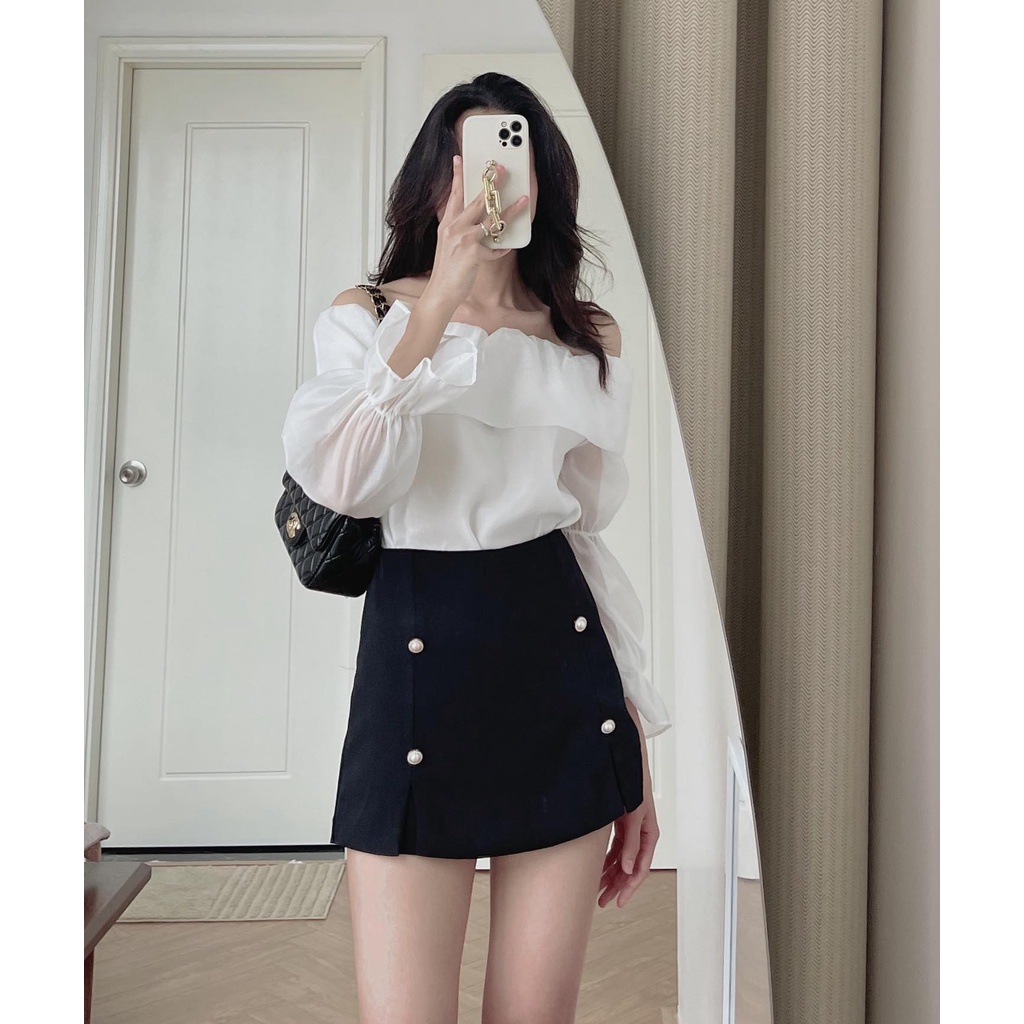 (ảnh thật) Audrey Set áo tơ trễ vai chân váy 4 khuy 793 | BigBuy360 - bigbuy360.vn