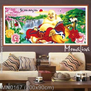 tranh thêu chữ thập phật di lặc và hoa mẫu đơn Mn0167 200x90 cm thêu kín chưa thêu