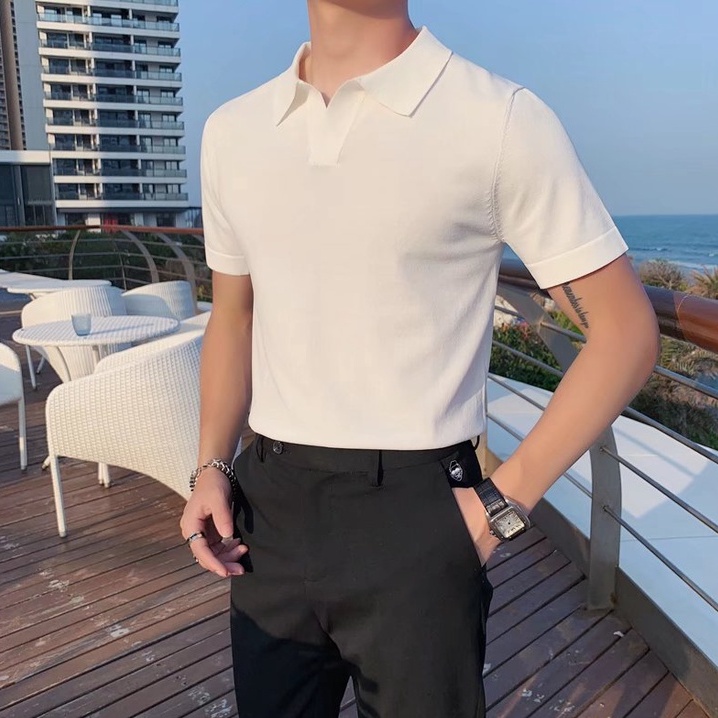 Áo Thun Polo Ngắn Tay Nam Bằng Lụa Lạnh Trơn Thiết Kế Đơn Giản Phong Cách Hàn Quốc Thời Trang Cho fashion áo phông nam áo ngắn tay có cổ
