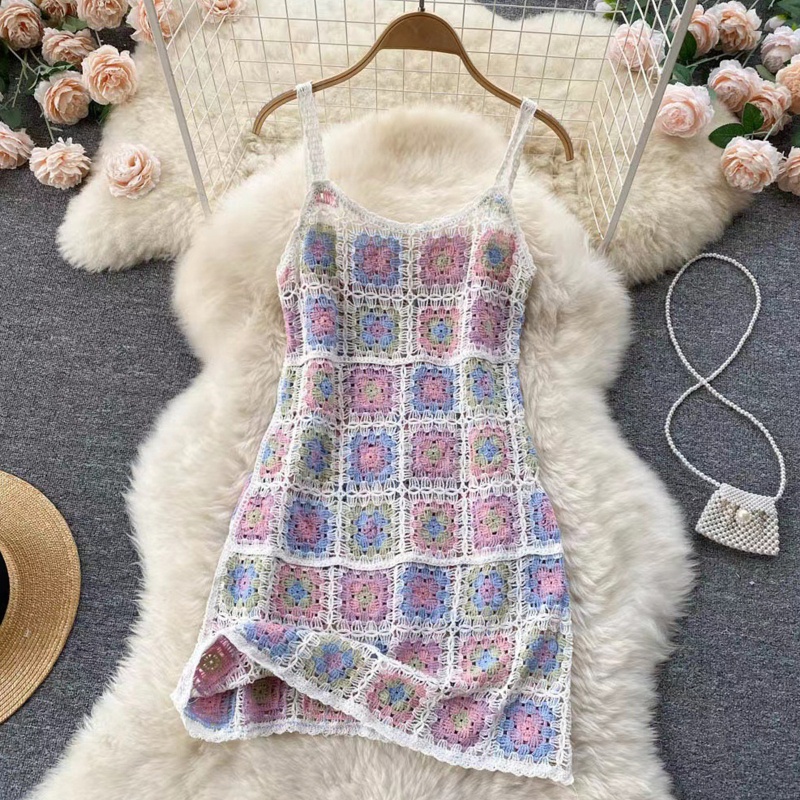 Brroa Đầm Midi Hai Dây Dệt Kim Dáng Chữ A Hở Lưng Họa Tiết Hoa Nhiều Màu Sắc Phong Cách Boho Đi Biển Cho Nữ