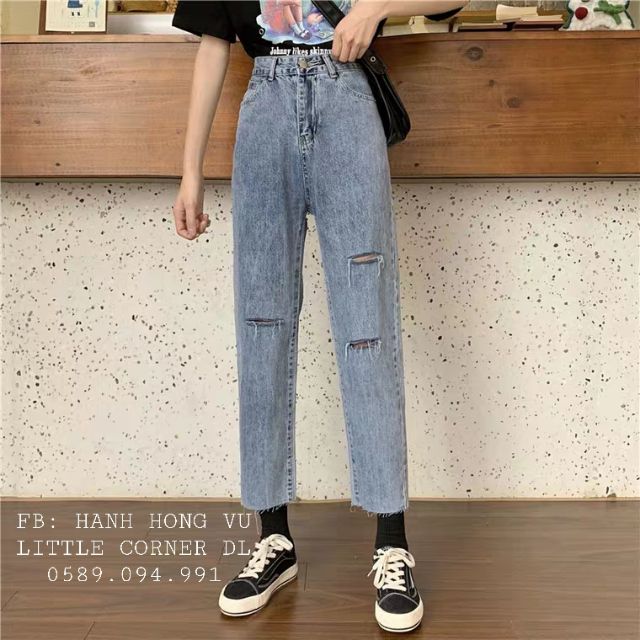 Quần slim baggy jeans rách ngang 1/2 lưng cao form ulzzang kèm ảnh thật