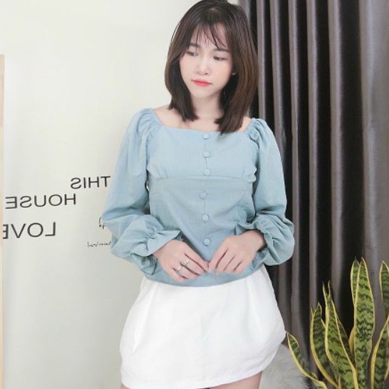 Áo kiểu nữ tay dài cổ vuông nút bọc lưng có dây chun co giãn chất đũi mát ít nhăn - Momiji Store