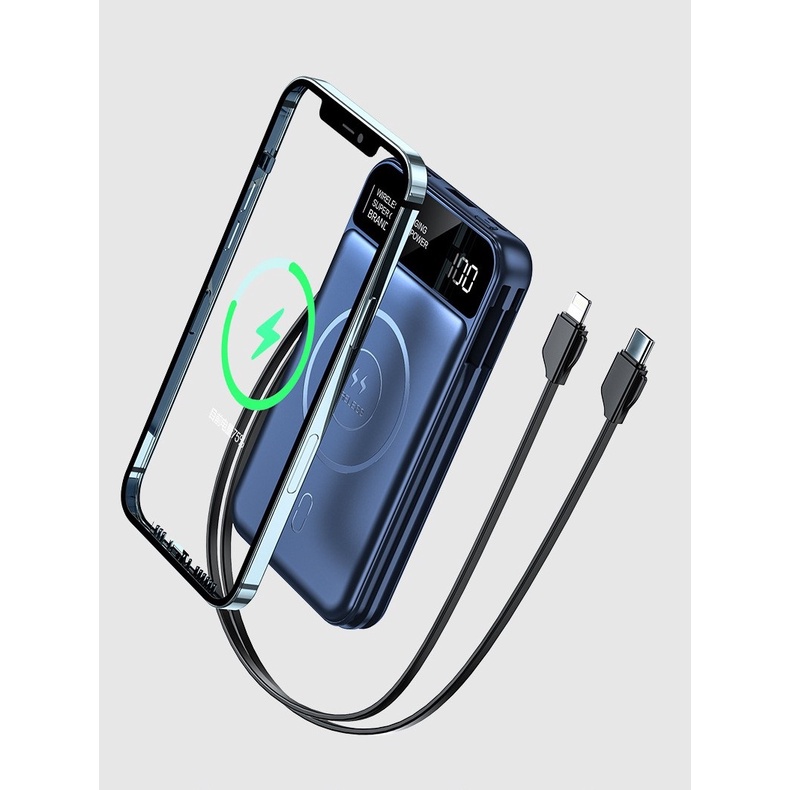 Sạc dự phòng không dây hít từ tính 10000mAh, kèm dây cáp sạc gắn liền, màn led báo pin cao cấp