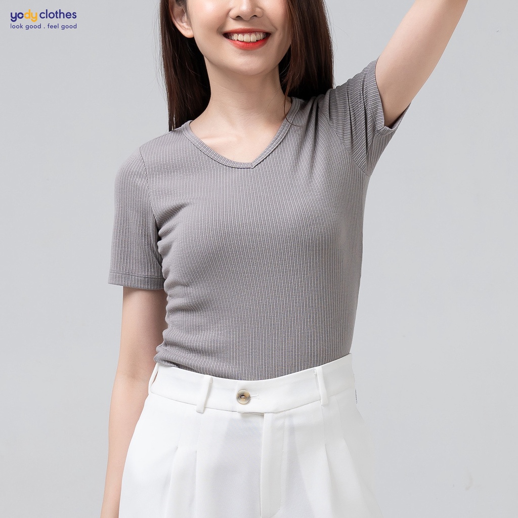 Áo thun YODY cổ tim tay lỡ dệt nối gân mềm mịn ATN4626