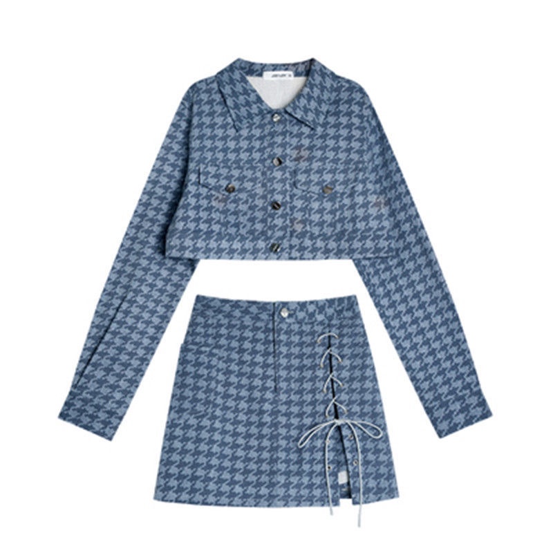 Set tay ngắn/ tay dài + váy ngắn màu xanh lam thời trang