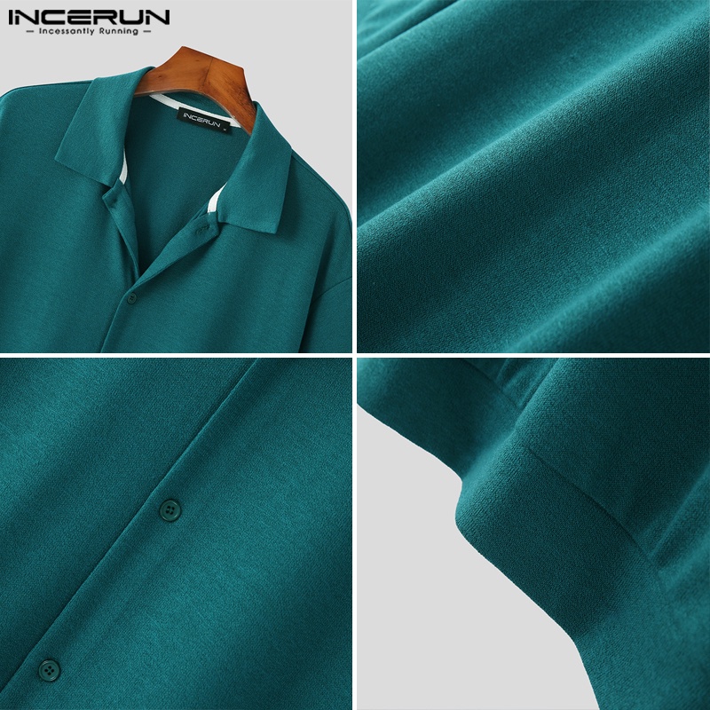 Áo sơ mi INCERUN tay ngắn màu trơn cài nút thời trang lịch lãm cho nam