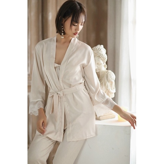 Bộ ngủ mặc nhà satin lụa Quảng Châu cao cấp sét 3 món