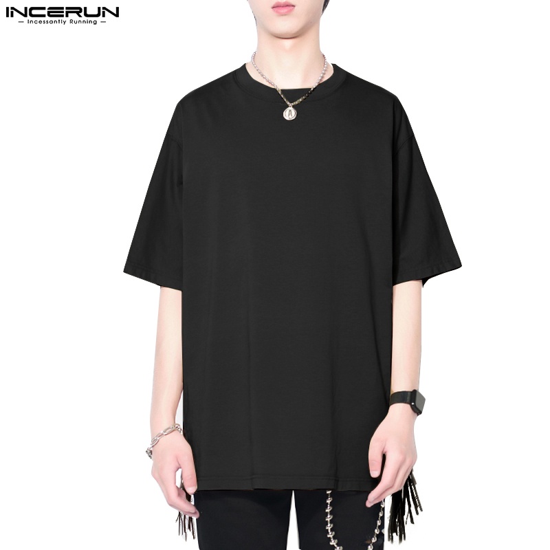 Áo thun tay ngắn INCERUN dáng rộng màu trơn phối tua rua thiết kế thời trang đơn giản cho nam