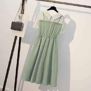 Hàng mới v fat 2020 sister stripes splicing style women's thin and wear age woman loose summer new Large reducing dress in