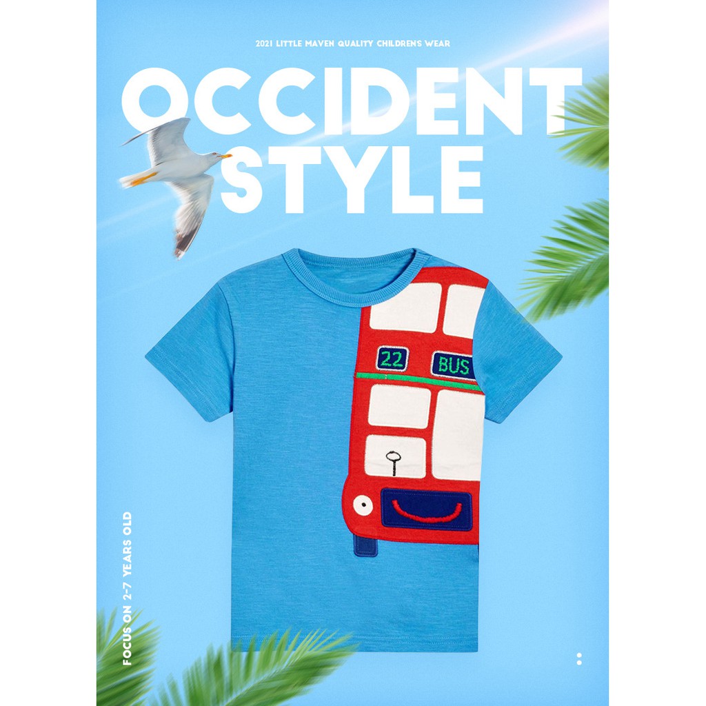 Áo thun cộc tay bé trai chính hãng LITTLE MAVEN - mẫu ATE045 ÁO XANH IN HÌNH XE BUS 2 TẦNG