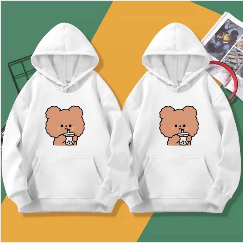 ÁO HOODIE UNISEX NỈ BÔNG IN CHÓ UỐNG TRÀ SỮA