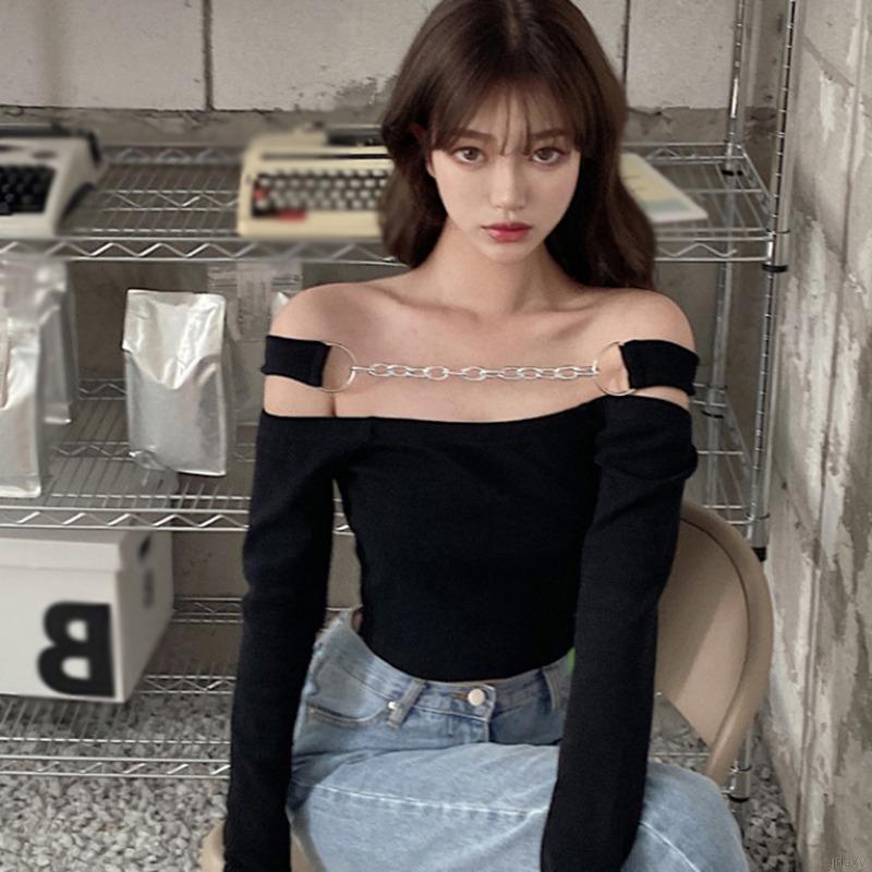 Áo thun nữ tay dài dáng ôm hở vai thời trang Hàn Quốc