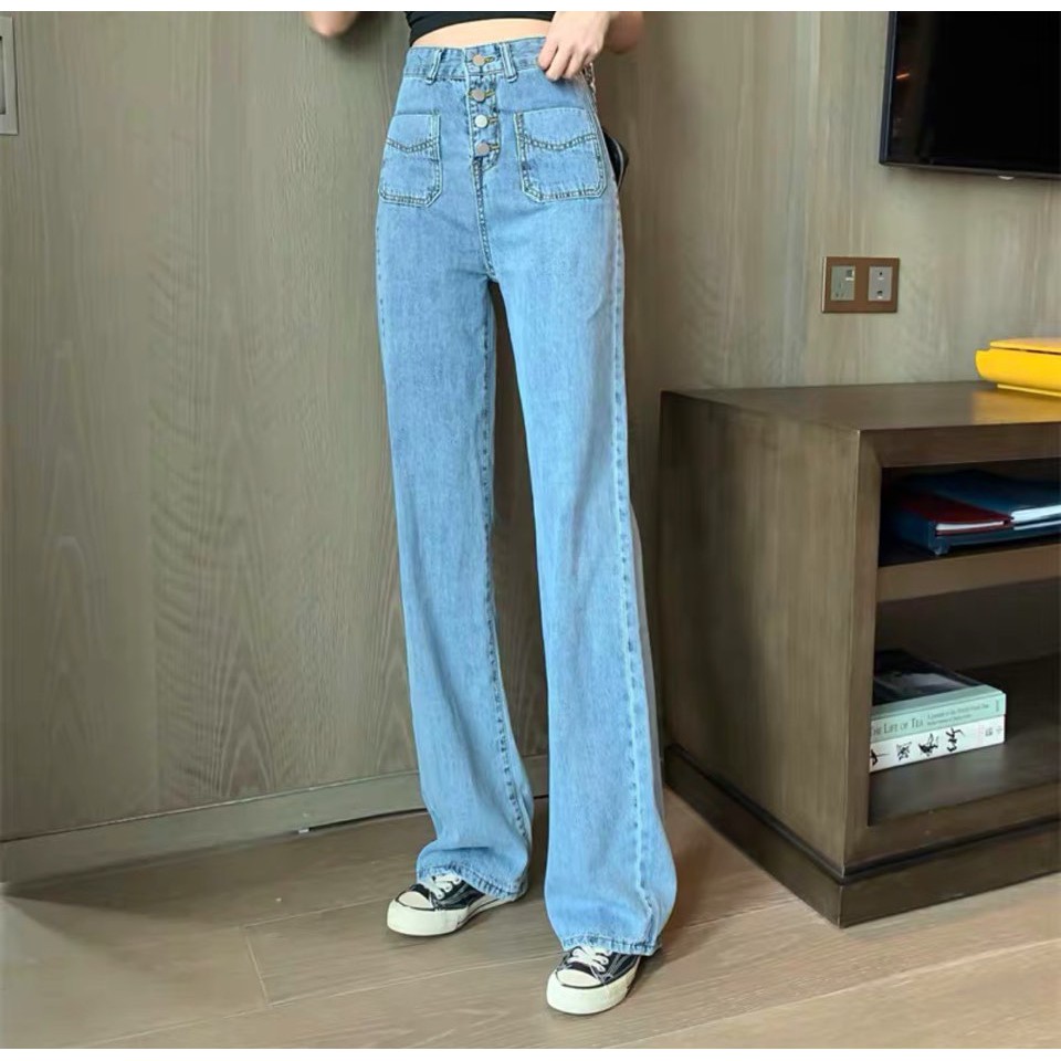 QUẦN JEAN ỐNG RỘNG NỮ NHẠT 4 NÚT 2 TÚI CHÉO LAI CUỐN LƯNG CAO SIÊU XỊN SÒ CỰC PHONG CÁCH HADI ĐỪNG NGẦN NGẠI