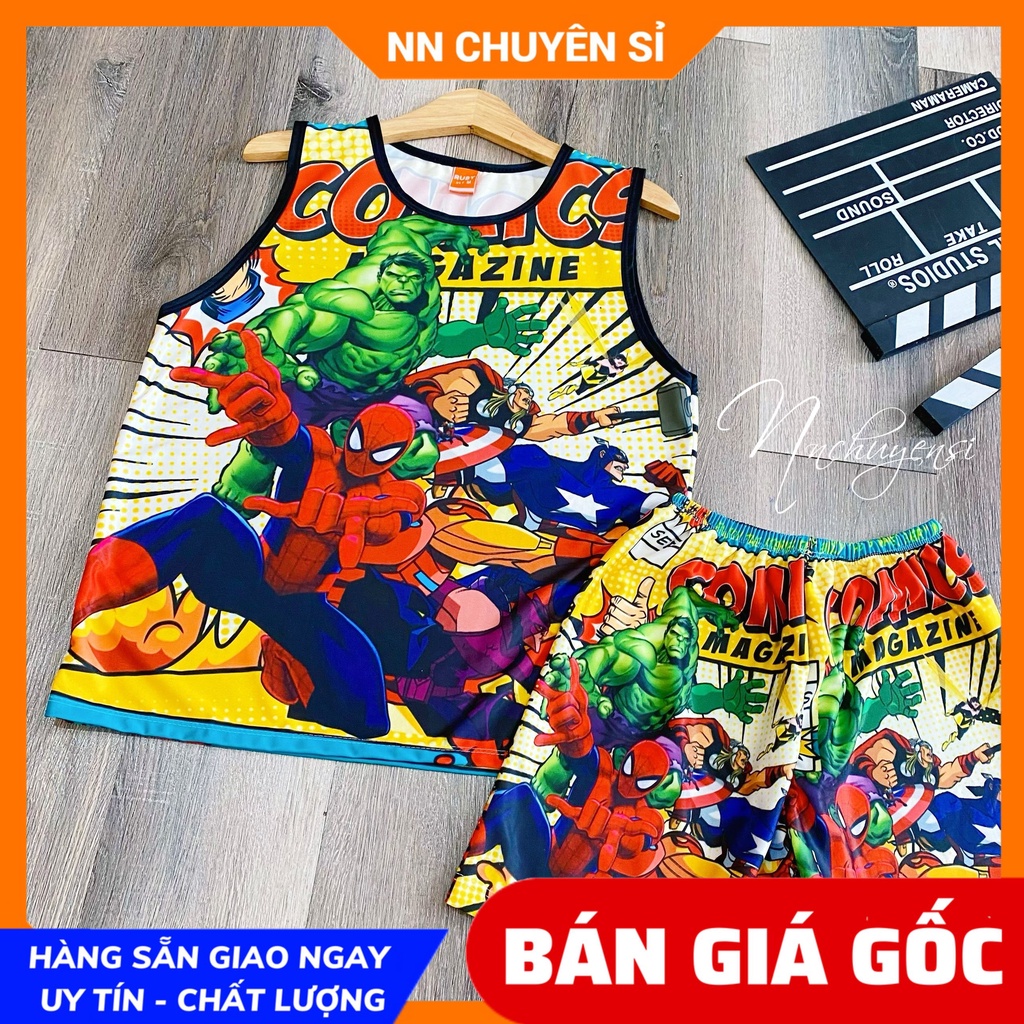 Đồ bộ SÁT NÁCH - 3 LỖ cho bé mặc nhà size 5kg - 47kg chất thun mềm mát in SIÊU NHÂN hoạt hình dễ thương DBRBSN FULL SIZE