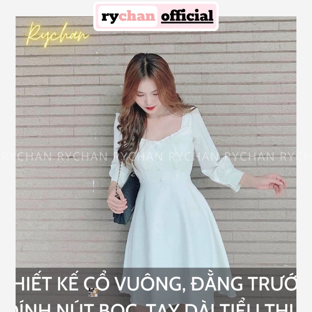 Đầm Xoè Trắng Cổ Vuông Nút Bọc Tay Dài, Đầm Đi Dự Tiệc Đám Cưới - DX0145