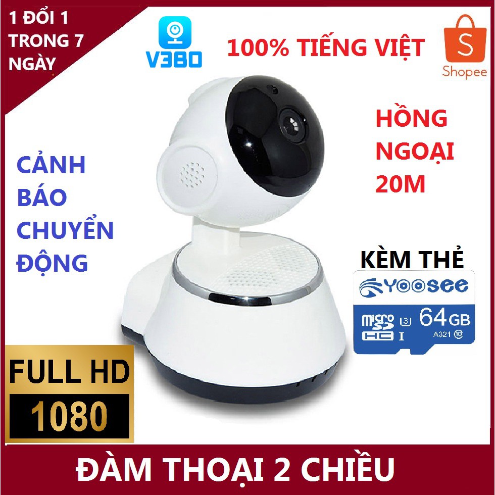 camera mini wifi v380 - 1080p, xoay 360 độ chính hãng - 100% tiếng việt - cảnh báo chuyển động   .