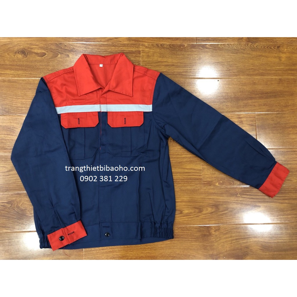 Quần áo bảo hộ vải kaki màu xanh đen phối đỏ quần túi hộp DN14