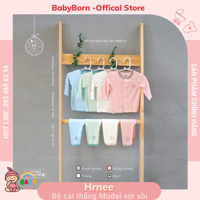 Bộ dài tay sơ sinh cài thẳng Hrnee phối viền tích hợp bao tay lật chất sợi sồi hữu cơ (Modal) mềm mịn cho bé