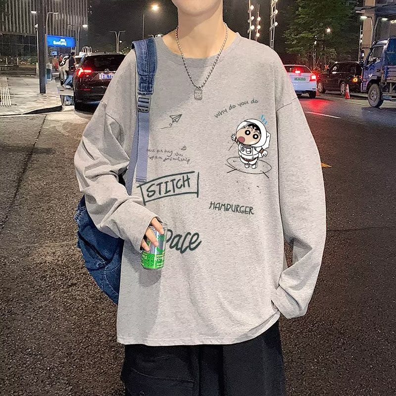 Áo Thun Tay Dài Cổ Tròn Dáng Rộng In Họa Tiết Hoạt Hình Phong Cách Hip Hop Hàn Quốc Thời Trang Cho Nam Size M-5XL