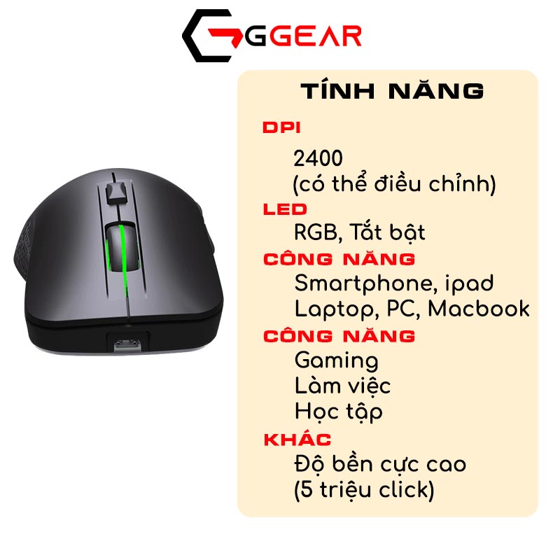 Chuột máy tính gaming bluetooth không dây wireless 2.4G Ggear MG865 chế độ kép 2400dpi cho macbook ipad smartphone